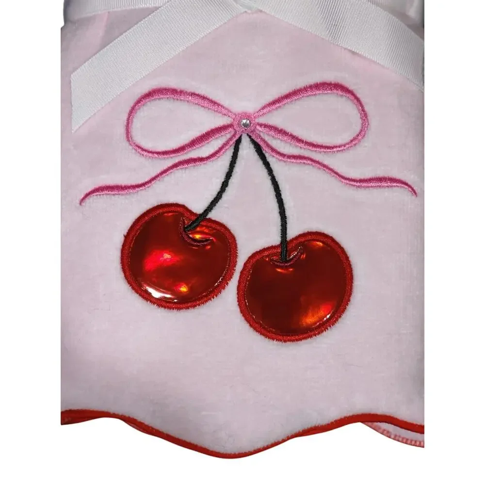 2 Pink Bow Red Leather Cherries Hand Towels Coquette Scallop Valentine's Day FUN